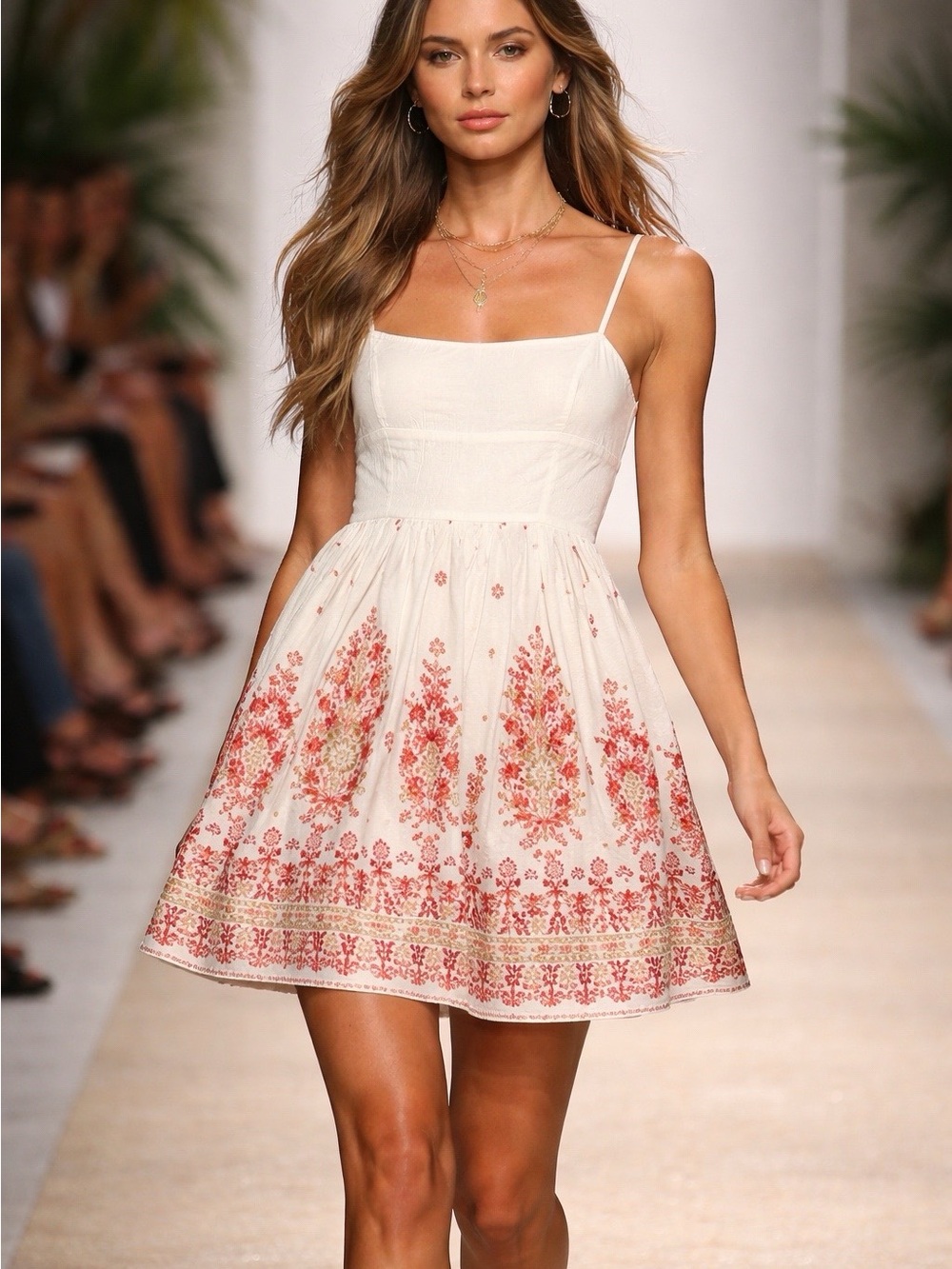 Cream Spaghetti-Strap Mini Dress with Pink Floral Border
